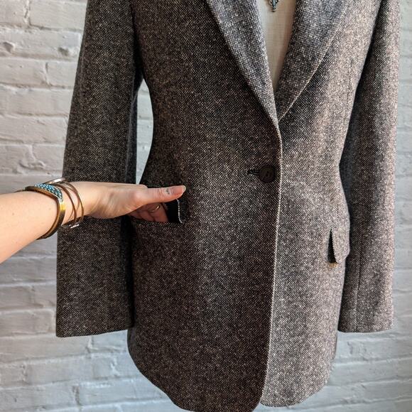 Vintage Gray Wool Blazer Tweed Herringbone Preppy Minimalist Velvet Jacket Large - Picture 5 of 10